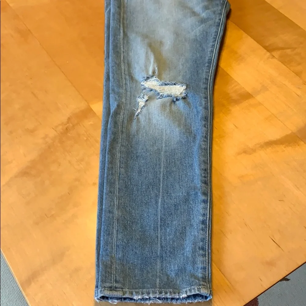 MOTHER Light Blue Distressed Straight Leg Jeans
